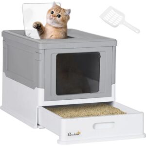 - Maison de toilette pliable pour chat - tiroir à litière coulissant, porte battante et trappe transparente, pelle - blanc gris - Gris