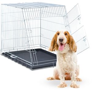 Cage transport chiens, maison et voiture, HxLxP. 83 x 75 x 109 cm, pliable, fond, poignée, acier, argent - Relaxdays - Publicité