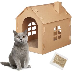 Maison carton chat, niche avec griffoir, à construire, herbe-aux-chats incluse, 46 x 36,5 x 42,5 cm, marron - Relaxdays - Publicité