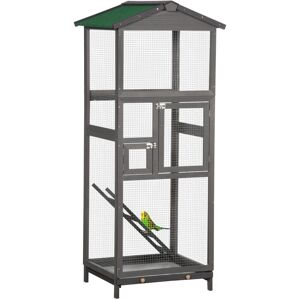 PawHut Cage à oiseaux volière grande taille 2 portes toit asphalte tiroir amovible bois gris - Gris - Publicité