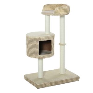 PawHut Arbre à chats style cosy chic griffoirs jute naturelle niche plateforme peluche courte bicolore beige café