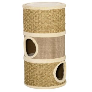 PawHut tonneau à gratter pour chat arbre à chat sisal naturel et herbiers marins recouvert de peluche 37,5 x 37,5 x 70 cm kaki et marron