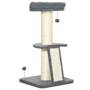 PawHut Arbre à chat avec griffoir tronc en sisal boules suspendues et plate-forme d'observation hauteur 92 cm - gris