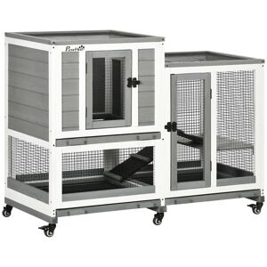 PawHut Cage lapin Clapier intérieur cage à lapin bois avec roulettes 3 étages rampes - dim. 110L x 50l x 86H cm - gris et blanc   Aosom France