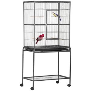 PawHut Cage à Oiseaux Portable avec 4 Mangeoires et 4 Perchoirs Pratique 81 x 48 x 163 cm Noir et Gris aosom france