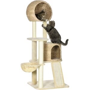 PawHut Arbre à chats griffoir sisal naturel 2 niches plateforme hamac peluche jacinthe d'eau - dim. 60L x 60l x 150H cm