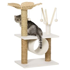 PawHut Arbre à chat griffoir sisal naturel tunnel plateforme style cosy chic quenouille peluche polyester 56 x 40 x 91cm beige