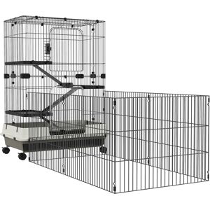 PawHut Cage pour petits animaux roulante 3 plates-formes démontables 3 rampes plateau inférieur amovible métal PP noir