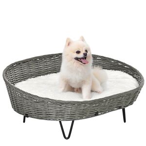 PawHut Canapé chien lit surélevé pour animaux de compagnie en résine coussin lavable en peluche pied en acier 76 x 59 x 32 cm gris   Aosom France