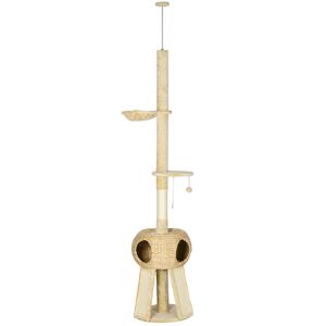 PawHut Arbre à chat sol au plafond hauteur réglable 225-255 cm avec poteau à gratter 4 niveaux niche sisal pompon jeux beige