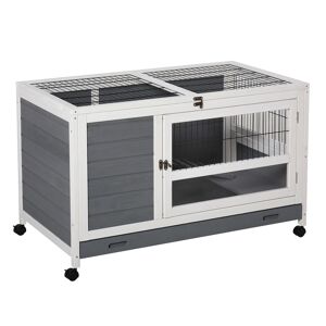 PawHut Clapier en bois cage à lapin villa pour lapin avec plateau coulissant, porte verrouillable, dessus ouvrable gris