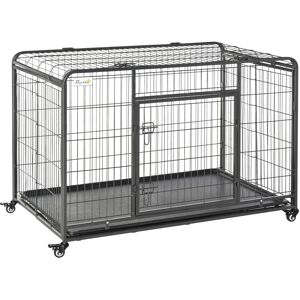 PawHut Cage pour chien pliable porte avec loquets couvercle ouvrant grille inférieure amovible plateau amovible inclus 4 roulettes avec frein métal 