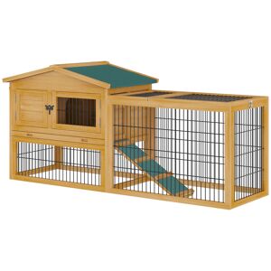 PawHut Clapier de sol cage à lapin niche supérieure avec rampe enclos extérieur porte verrouillable 150 x 52,5 x 68 cm jaune