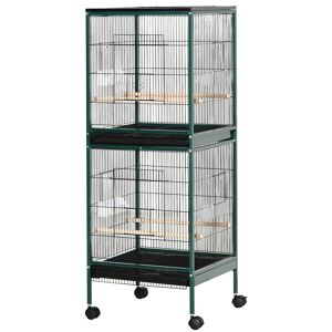 PawHut Grande Cage à Oiseaux sur pied double avec mangeoires perchoirs plateau amovible roulettes - Dim. 51,5L x 50l x 140H cm