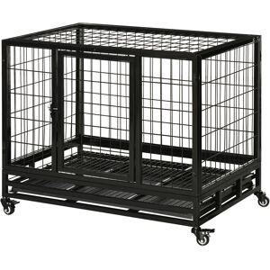 PawHut Cage pour chien animaux cage de transport sur roulettes 2 portes verrouillables plateau amovible 92 x 62 x 75 cm noir