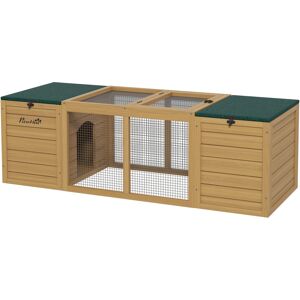 PawHut Clapier cage à lapins imperméable en bois massif - 2 espaces avec toit ouvrable en asphalte - dim. 140L x 52l x 46H cm