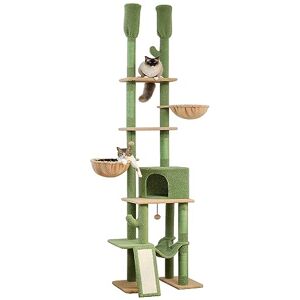 PETEPELA Arbre à Chat Cactus du Sol au Plafond, Arbre a Chat Géant à 5 Niveaux avec Hamac Douillet, Plateformes, Niche, Griffoir pour Chat et Pompons Suspendues, Ajustable 216-285 cm, Vert - Publicité