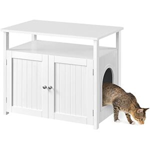 Yaheetech Maison de Toilette Chat en Bois Blanc 80 × 51 × 66 cm Meuble Litiere pour Chat 1 Panneau Amovible 9 Trous d'Aération 1 Compartiment Ouvert - Publicité