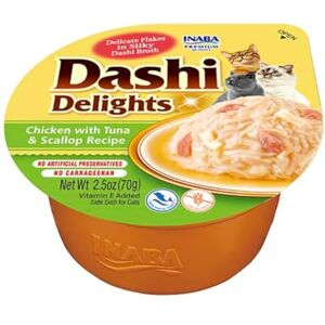 INABA Dashi Delights Morceaux dans Un Bouillon de Flocons de bonite au Poulet/Thon/pétoncles 1 x 70g Topping Riche en protéines Ingrédients naturels Délicieux et sain Pâtée pour Chat - Publicité