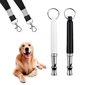 CUNTAUK Lot de 2 sifflets pour chien pour rappeler le dressage, sifflets réglables pour arrêter d'aboyer Contrôle silencieux Avec cordon (blanc et noir) - Publicité