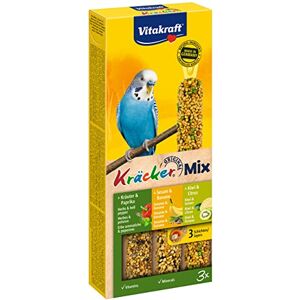 Vitakraft Kräcker Friandise pour Perruche Alimentation Pour Oiseaux Domestiques Délicieux Kräckers Sésame Banane, Kiwi Citron, Herbes et Poivron Boîte de 90g 3 Baguettes - Publicité