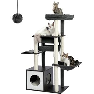 PAWZ Road Arbre à Chat en Bois Design Plateforme Arbre a Chat Moderne avec Tunnel Suspendu 130cm (Noir) - Publicité