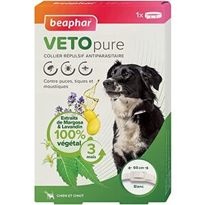 Beaphar – VETOPURE – Collier répulsif antiparasitaire pour Chien et Chiot – Aux extraits de Margosa & de Lavandin – Contre les Puces, Tiques et Moustiques – Protection 3 Mois – Collier Blanc de 60cm - Publicité