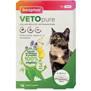 Beaphar – VETOPURE – Collier Répulsif Antiparasitaire pour Chat et Chaton – aux extraits de Margosa & de Lavandin – Contre Les Puces, Tiques et Moustiques – Protection 3 Mois – Collier Blanc de 35cm - Publicité