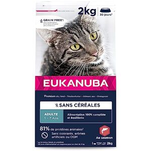 Eukanuba Grain Free Croquettes pour Chat Adulte Riche en saumon Enrichie en taurine, Sans OGM, colorants, arômes artificiels 2 kg - Publicité