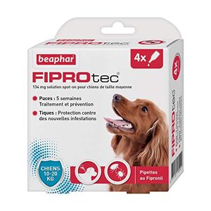 Beaphar – FIPROTEC 134 mg – Solution spot-on pour chiens moyens (10-20 kg) – À base de Fipronil – Élimine les puces Protège contre les infestations par tiques et puces – 4 pipettes de 1,34 ml - Publicité