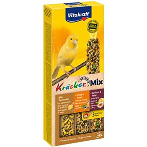 Vitakraft Kräcker Friandise pour Canaris Assortiment de 3 Délicieux Kräckers Miel Sésame, Abricot Figue et Œuf Graines de Graminées Boîte de 80 g 3 Baguettes - Publicité