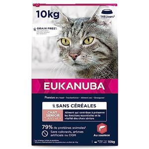 Eukanuba Grain Free Croquettes pour Chat Senior Riche en saumon Apport en L-carnitine Enrichie en taurine, Sans OGM, colorants, arômes artificiels 10 kg - Publicité