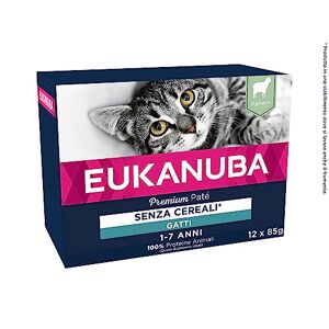 Eukanuba Grain Free pour Chat Adulte Pâtée Premium SANS CEREALES – Sans gluten – Faible teneur en graisses Riche en Agneau et enrichie en Taurine – 12 barquettes aluminium de 85 g - Publicité