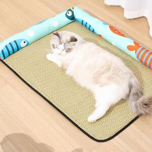 HFLWYWD Tapis de glace lavable et rafraîchissant en rotin pour animal domestique Tapis de couchage carré tissé à la main pour chien et chaton (poisson) - Publicité