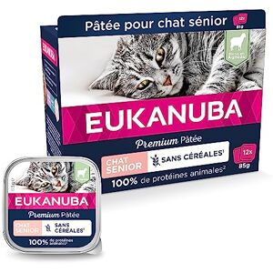 Eukanuba Grain Free pour Chat Senior Pâtée Premium SANS CEREALES – Sans gluten – Faible teneur en graisses Riche en Agneau et enrichie en Taurine – 12 barquettes aluminium de 85 g - Publicité