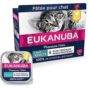 Eukanuba Grain Free pour Chat Adulte Pâtée Premium SANS CEREALES – Sans gluten – Faible teneur en graisses Riche en Poulet et enrichie en Taurine – 12 barquettes aluminium de 85 g - Publicité