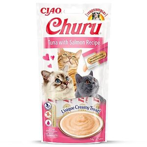 INABA Churu Friandises pour Chats en Purée au Thon et Saumon Délicieux Snacks pour Félins Texture Lisse et Onctueuse Nourriture pour Chats 4 Tubes x 14g - Publicité