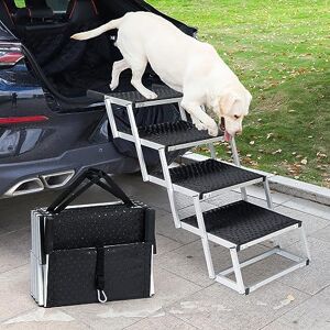 Uross Escalier pour Chien pour Voiture 4 Marches Rampe d'accès Pliable pour Voiture et SUV, Rampe d'accès en Aluminium pour Grands Chiens, Escalier Télescopique pour Camion, Lit Haut - Publicité