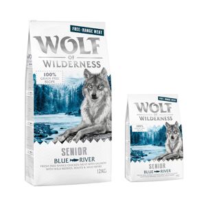 Croquettes Wolf of Wilderness sans cereales 12 kg + 2 kg offerts ! - Senior Blue River poulet eleve en liberte, saumon