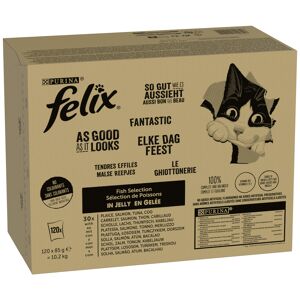 Jumbopack Felix Tendres Effilés 120 x 85 g pour chat - thon, saumon, cabillaud, carrelet