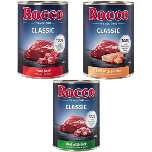 Lot Rocco Classic 24 x 400 g pour chien - lot mixte exclusif : pur bœuf, bœuf & saumon, bœuf & canard