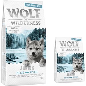 Croquettes Wolf of Wilderness sans céréales 12 kg + 2 kg offerts ! - Junior Blue River poulet élevé en liberté, saumon - Publicité