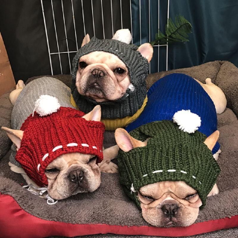 Chapeau D'hiver En Laine Pour Animaux De Compagnie, Chapeau Pour Bouledogue Français De Noël, Avec Boule, Couvre-Chef Pour Petits Chiens, Produits Pour Animaux De Compagnie