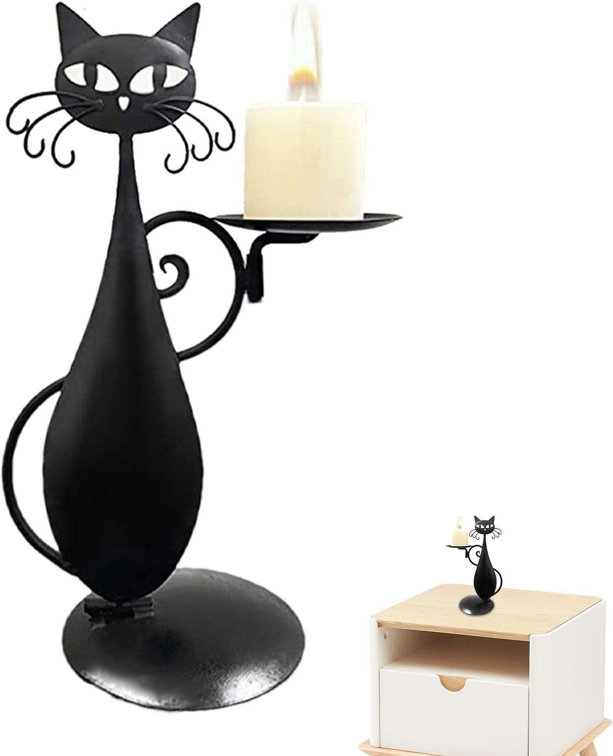 Chandelier Bougeoir Métal Chat Noir Photophore Décoratif Décoration De Table Pour Anniversaires, Salle À Manger, Fêtes, Accessoires De Décoration 28x18x8cm