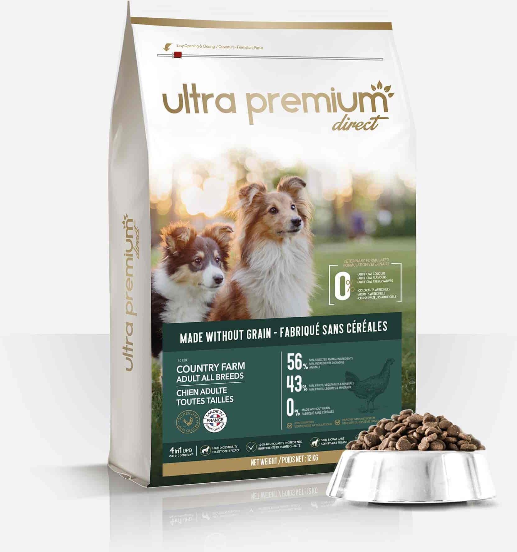 Ultra premium direct Croquettes Sans Céréales - Chien Adulte Petit et Moyen (<20Kg) - Country Farm - sac de 4kg - Fabriquées en France