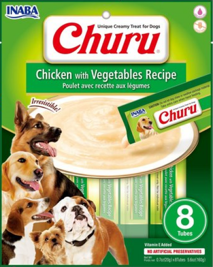 Inaba Friandises liquides pour chien Churu crème au poulet et légumes - 8 tubes de 20g