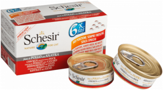 Schesir Pâtée pour chat Schesir avec bouillon - Lot de 6 boîtes x 50 g Filet de poulet avec canard