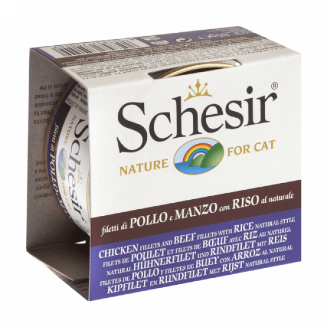 Schesir Pâtée pour chat Schesir Natural avec riz - Boîte 85 g Filets de poulet et de boeuf