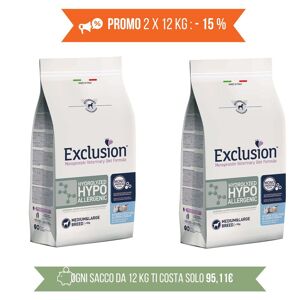 Exclusion PROMO 2x12Kg Diet Hypoallergenic Hydrolyzed Medium Large Pesce e Amido di Mais per Cani Adulti