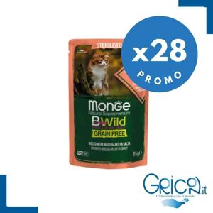 Monge Bwild Grain Free Gatto Sterilizzato Salmone con gamberetti e ortaggi (fagiolini e carote) 85 g - 28 pz